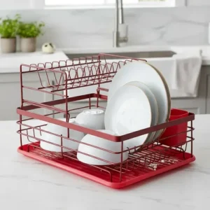 Escorredor de Pratos Duplo com Porta Talheres - Vermelho