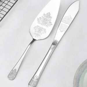 Conjunto de faca de bolo e espátula floral em aço inox