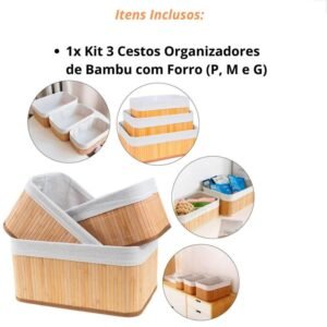 Kit 3 Cestos Organizadores de Bambu com Forro