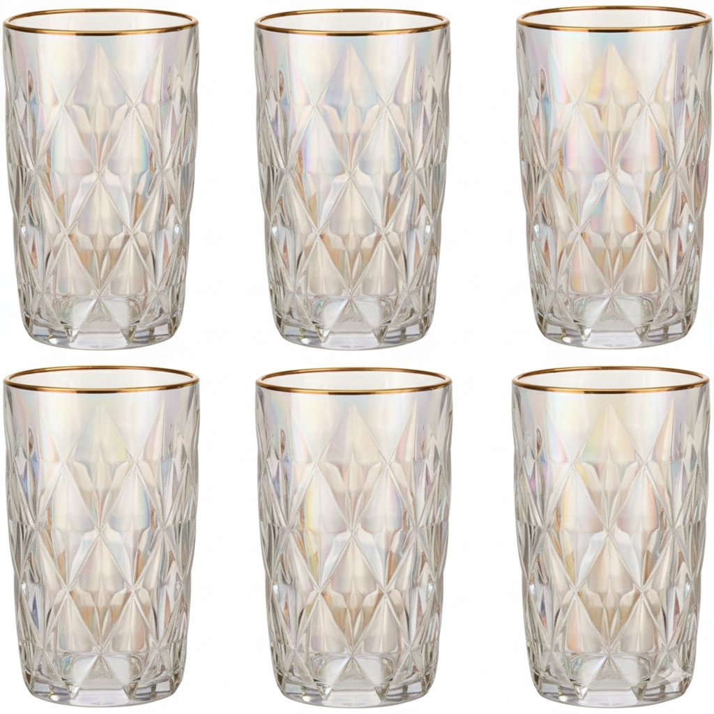 Jogo com 6 Copos 400ml Furta Cor com Borda Dourada