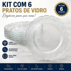 Kit com 6 pratos de vidro transparente com borda trabalhada
