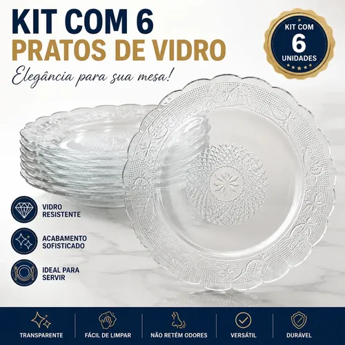 Kit com 6 pratos de vidro transparente com borda trabalhada