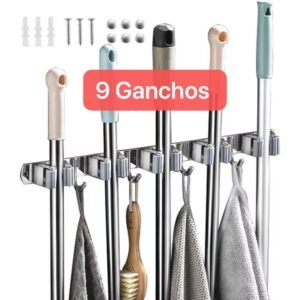 Suporte Vassoura Inox de Parede 4 Presilhas e 5 Ganchos
